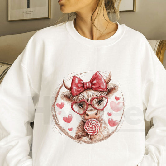Retro Valentine Highland Cow Sweatshirt: Vintage Western Boho Love Crewneck - Hiyatee