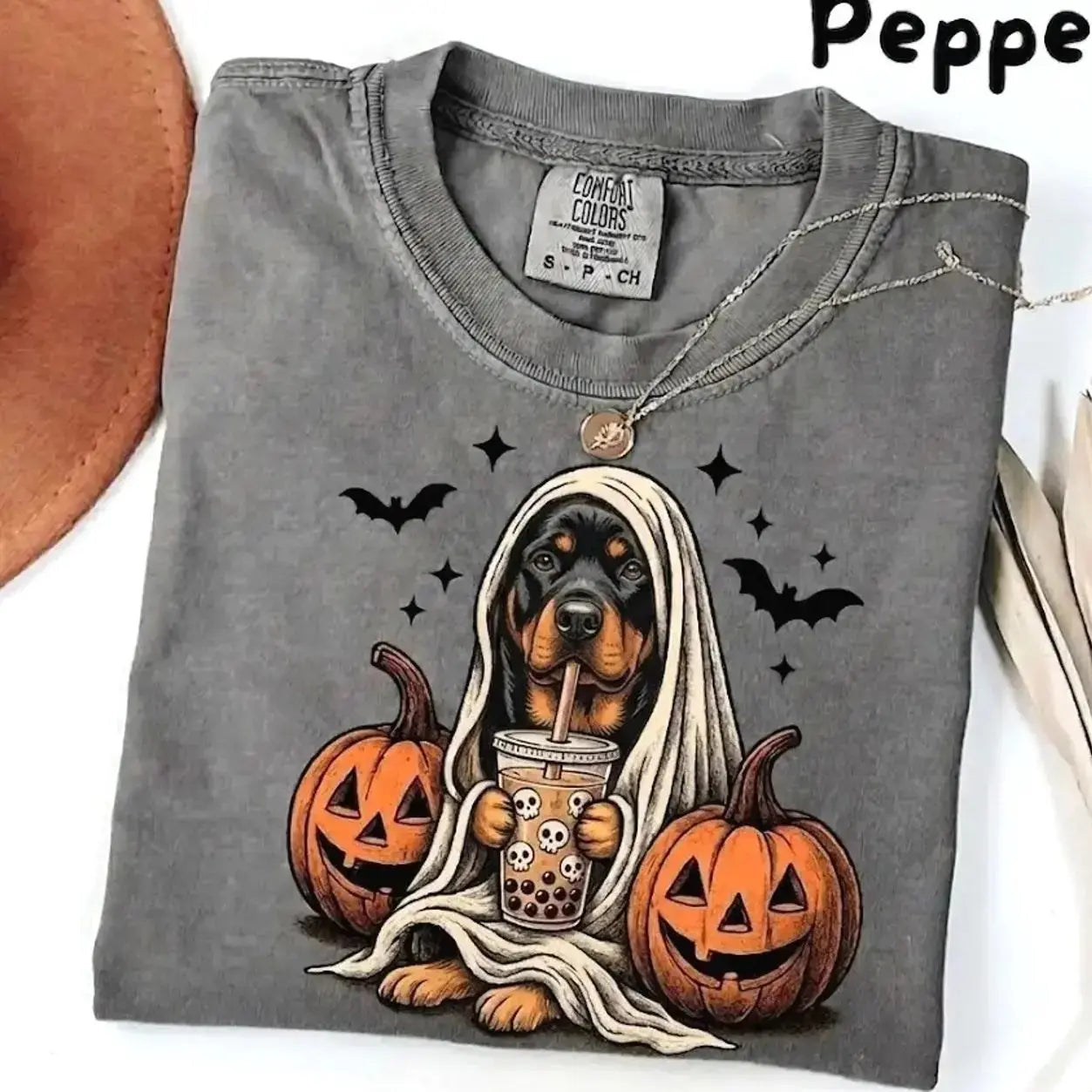 Comfort Colors Pepper Dog Shirt Custom Ghost Boba Tea Halloween Tee