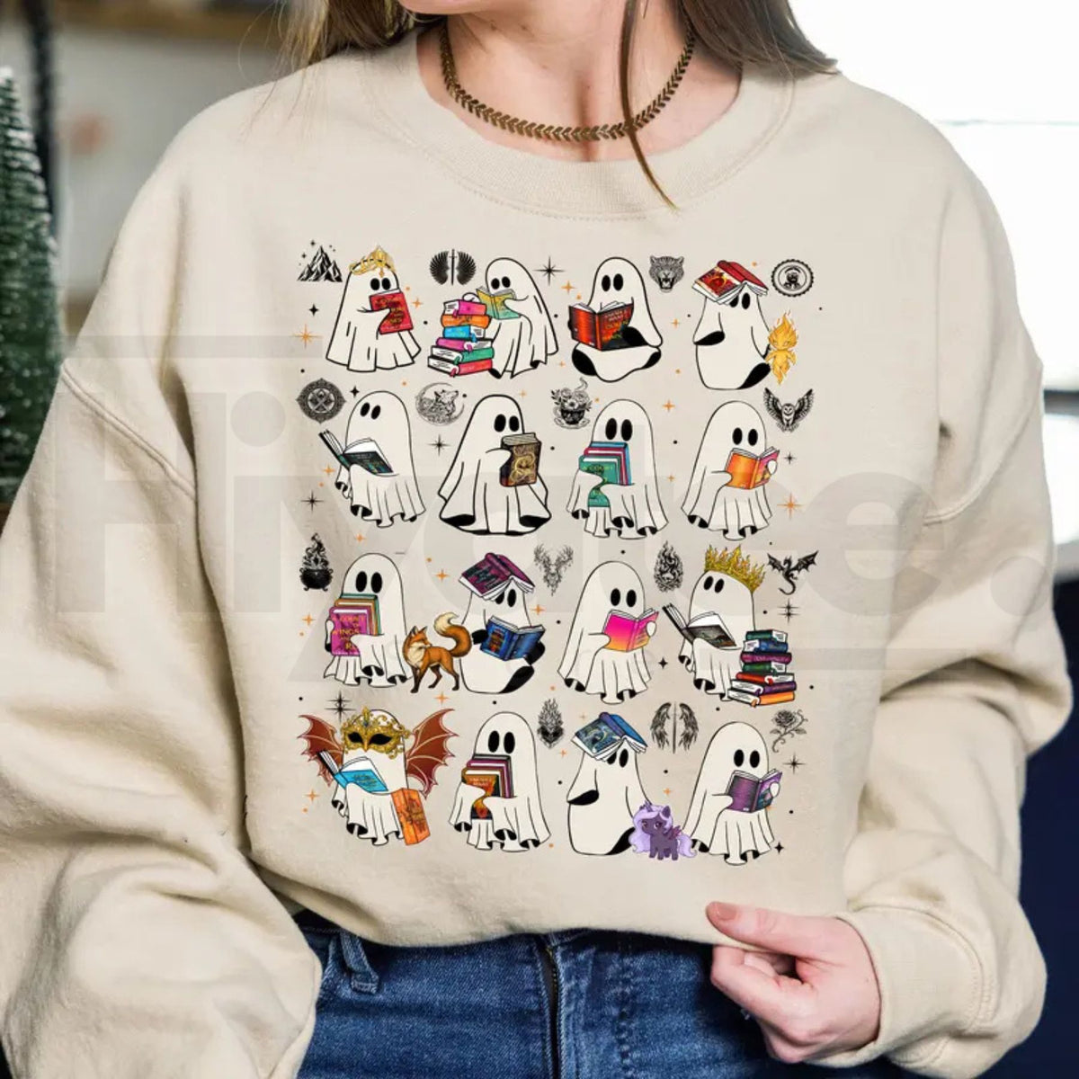 SJM Ghost Book Sweatshirt – Sarah J Maas Universe Halloween Apparel, ACOTAR, Throne of Glass, Crescent City Fantasy BookTok Merch - Hiyatee