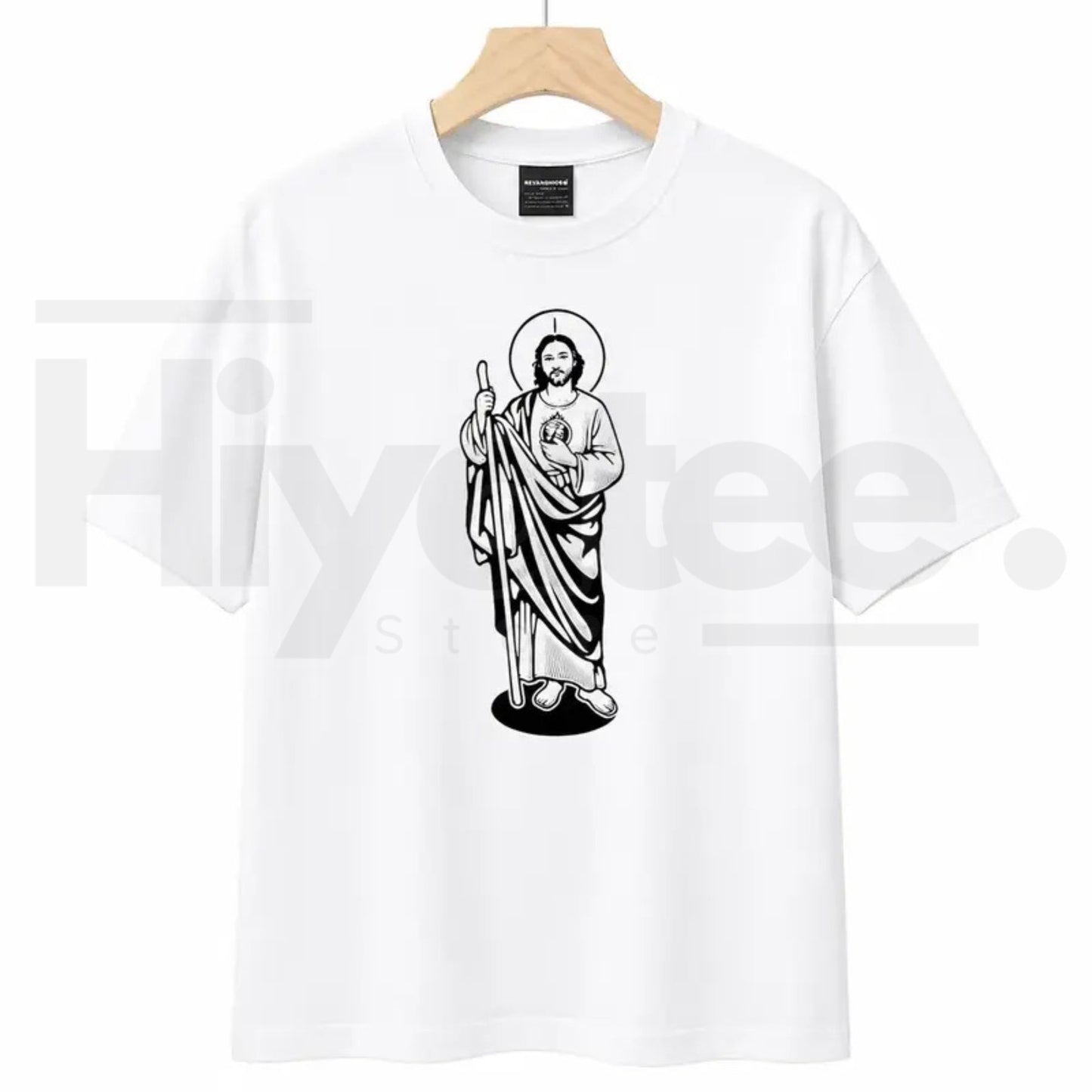 Saint Judas Tadeo Religious T-Shirt – Black and White High-Quality Graphic Tee - Hiyatee