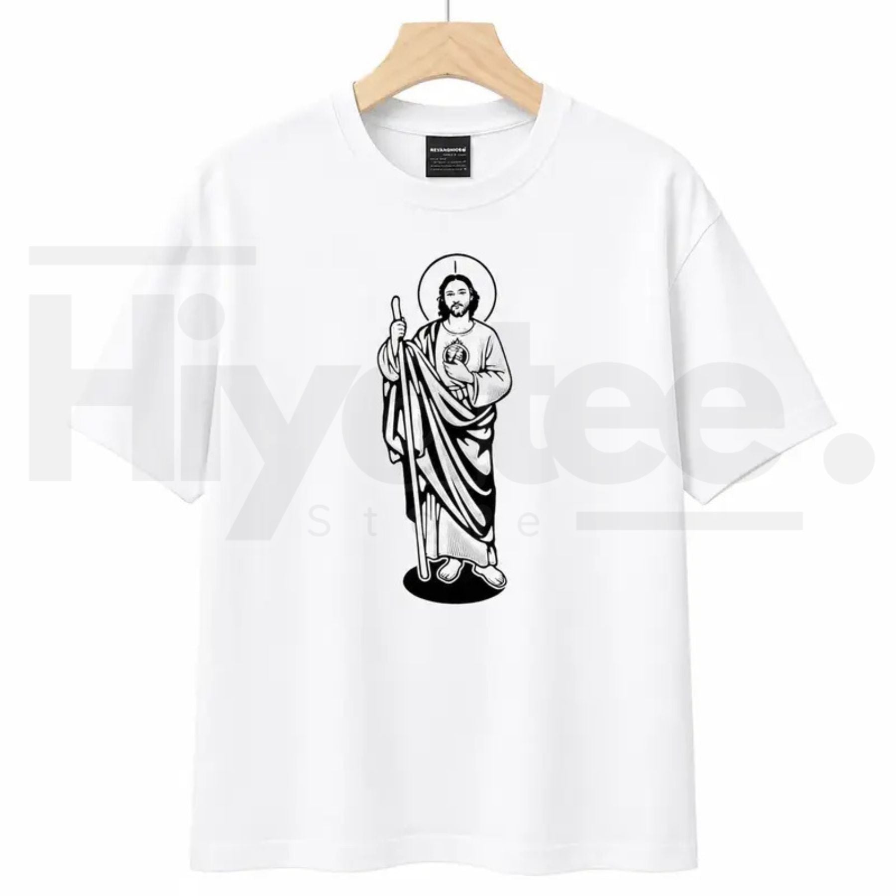 Saint Judas Tadeo Religious T-Shirt – Black and White High-Quality Graphic Tee - Hiyatee