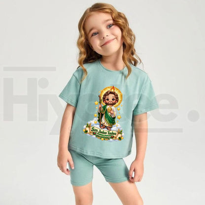 San Judas Tadeo Siempre Conmigo Kids T-Shirt – Cute Chibi Saint Jude Cloud Graphic Tee - Hiyatee