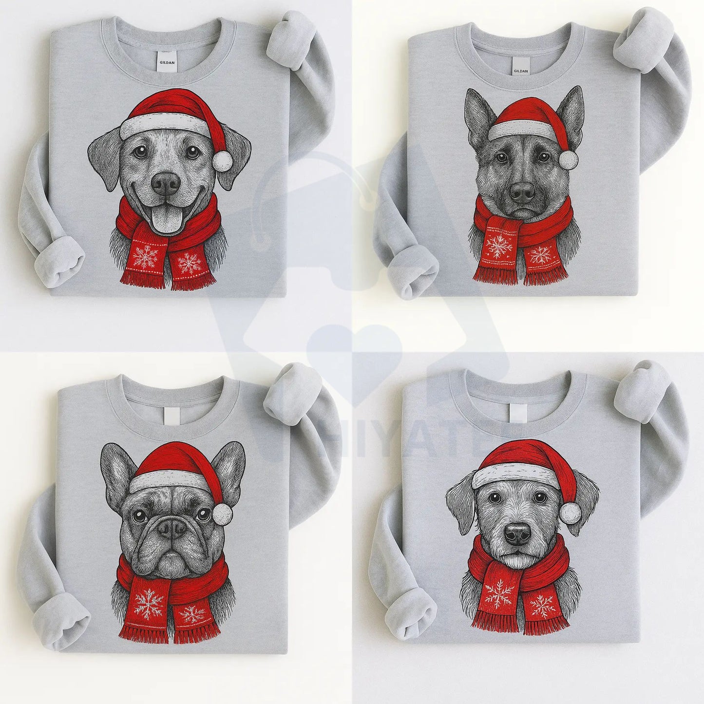 Santa Paws Christmas Hat Dog Sweatshirt: 50 Dog Breeds in Festive Santa Hats, Gildan Unisex Holiday Pullover - Hiyatee
