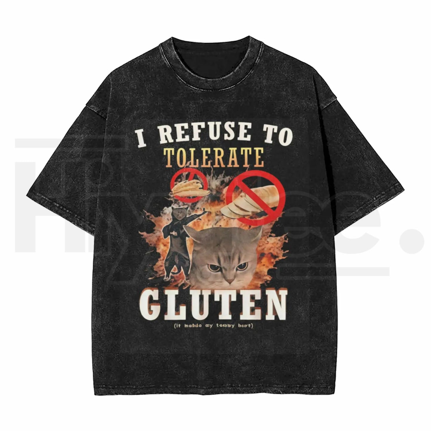 Sassy Cat "Gluten Free" Vintage Washed Tee – 230G Heavy Cotton Oversized Meme Top - Hiyatee