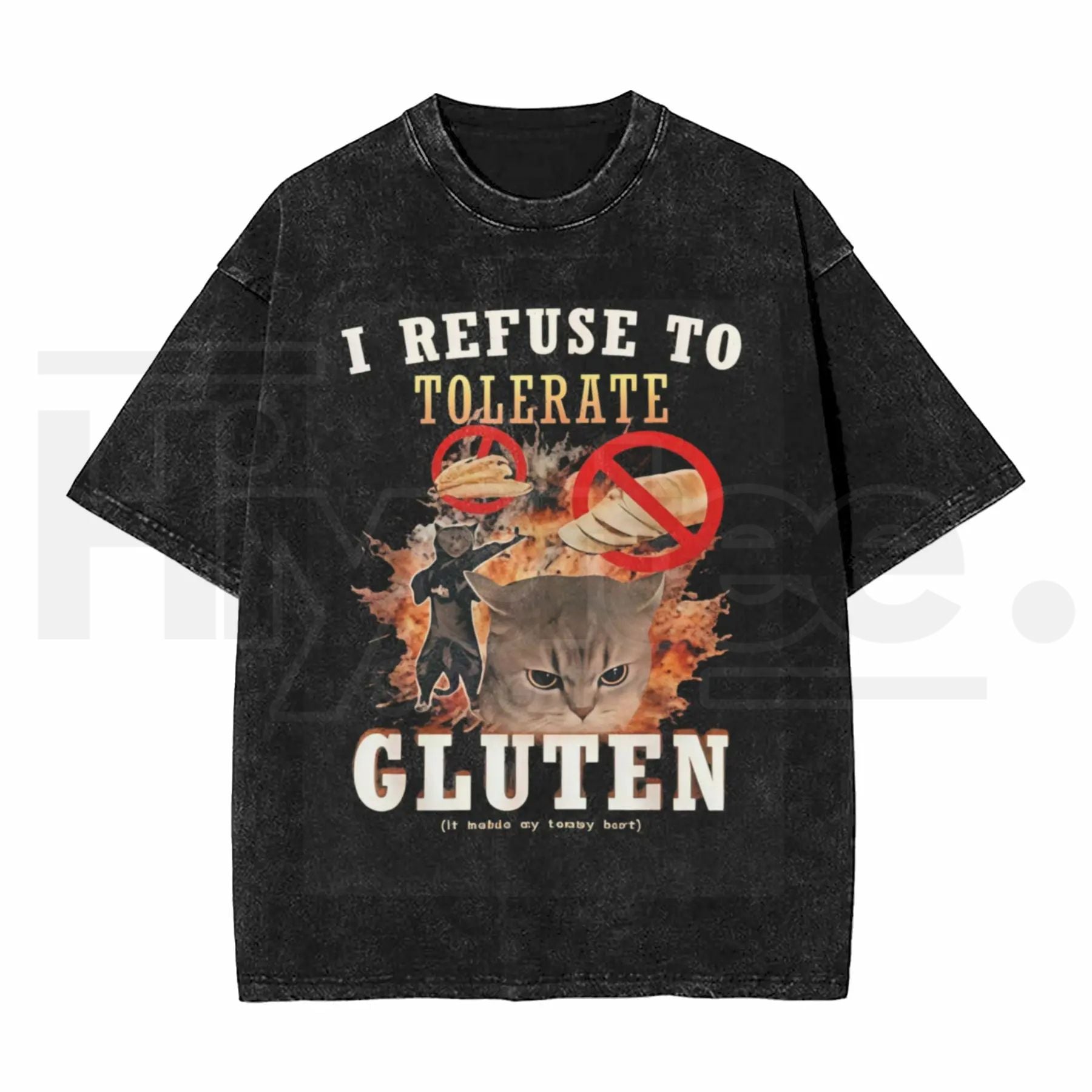 Sassy Cat "Gluten Free" Vintage Washed Tee – 230G Heavy Cotton Oversized Meme Top - Hiyatee