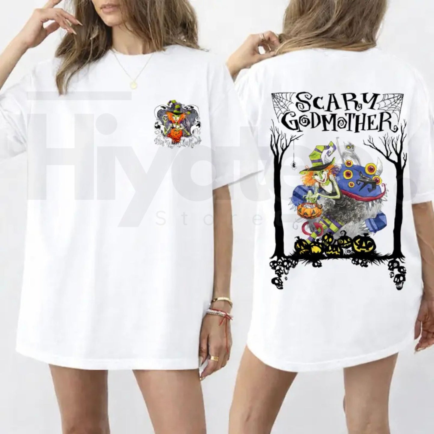 Scary Godmother Halloween Graphic T-Shirt – Witch, Pumpkin & Monster Front & Back Print Tee - Hiyatee