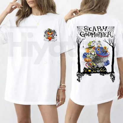 Scary Godmother Halloween Graphic T-Shirt – Witch, Pumpkin & Monster Front & Back Print Tee - Hiyatee