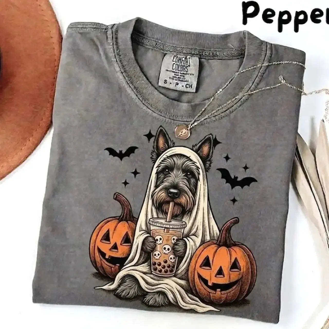 Comfort Colors Pepper Dog Shirt Custom Ghost Boba Tea Halloween Tee