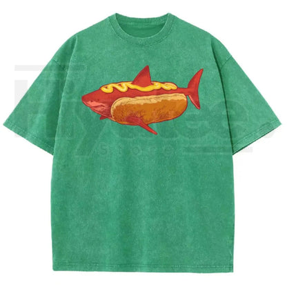 Shark Hotdog Funny Food Meme Vintage Washed Tee – Weirdcore Ocean Animal Graphic T-Shirt - Hiyatee
