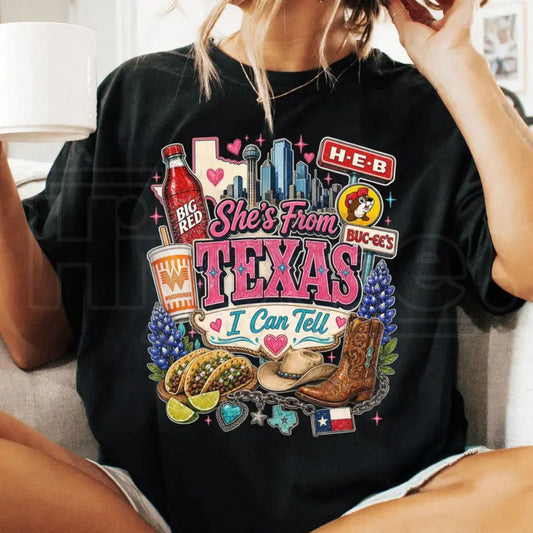 She's From Texas Graphic Tee – Vintage Comfort Colors Bluebonnet Cowboy Boots Top - Hiyatee