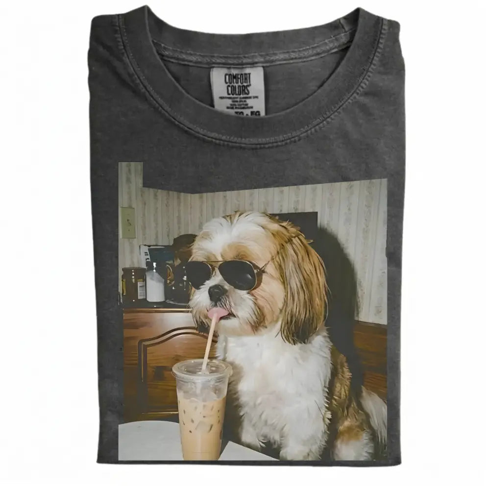 Comfort Colors 50+ Dog Breeds Available Drinking Iced Coffee Shirt – Vintage 90s Funny Edgy Dog Meme Tee, Unisex Casual Streetwear Gift