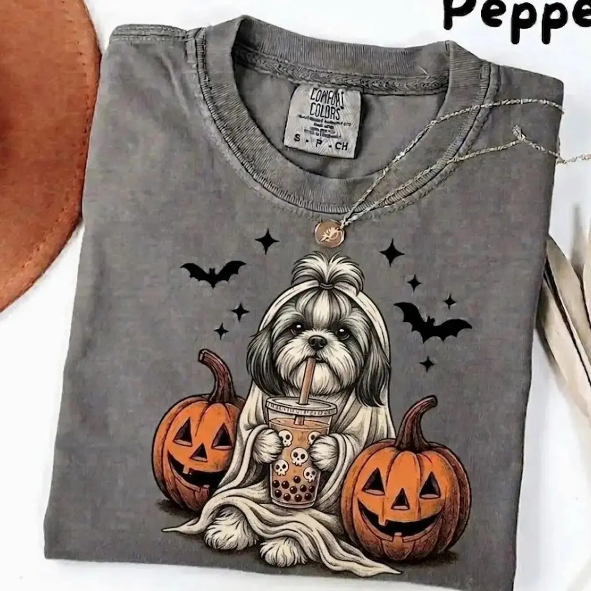 Comfort Colors Pepper Dog Shirt Custom Ghost Boba Tea Halloween Tee