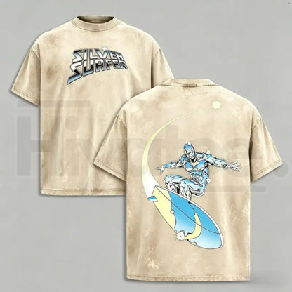 Silver Surfer Graphic T-Shirt – Unisex Acid Washed Oversized Cotton Streetwear Comic Tee - Hiyatee
