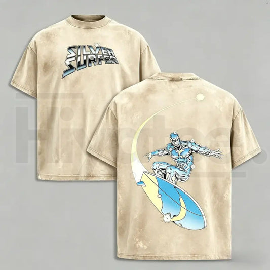 Silver Surfer Graphic T-Shirt – Unisex Acid Washed Oversized Cotton Streetwear Comic Tee - Hiyatee