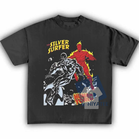 Silver Surfer vs. Human Torch T-Shirt – Vintage Marvel Comic Tee, Unisex Superhero Showdown Graphic Shirt-Hiyatee