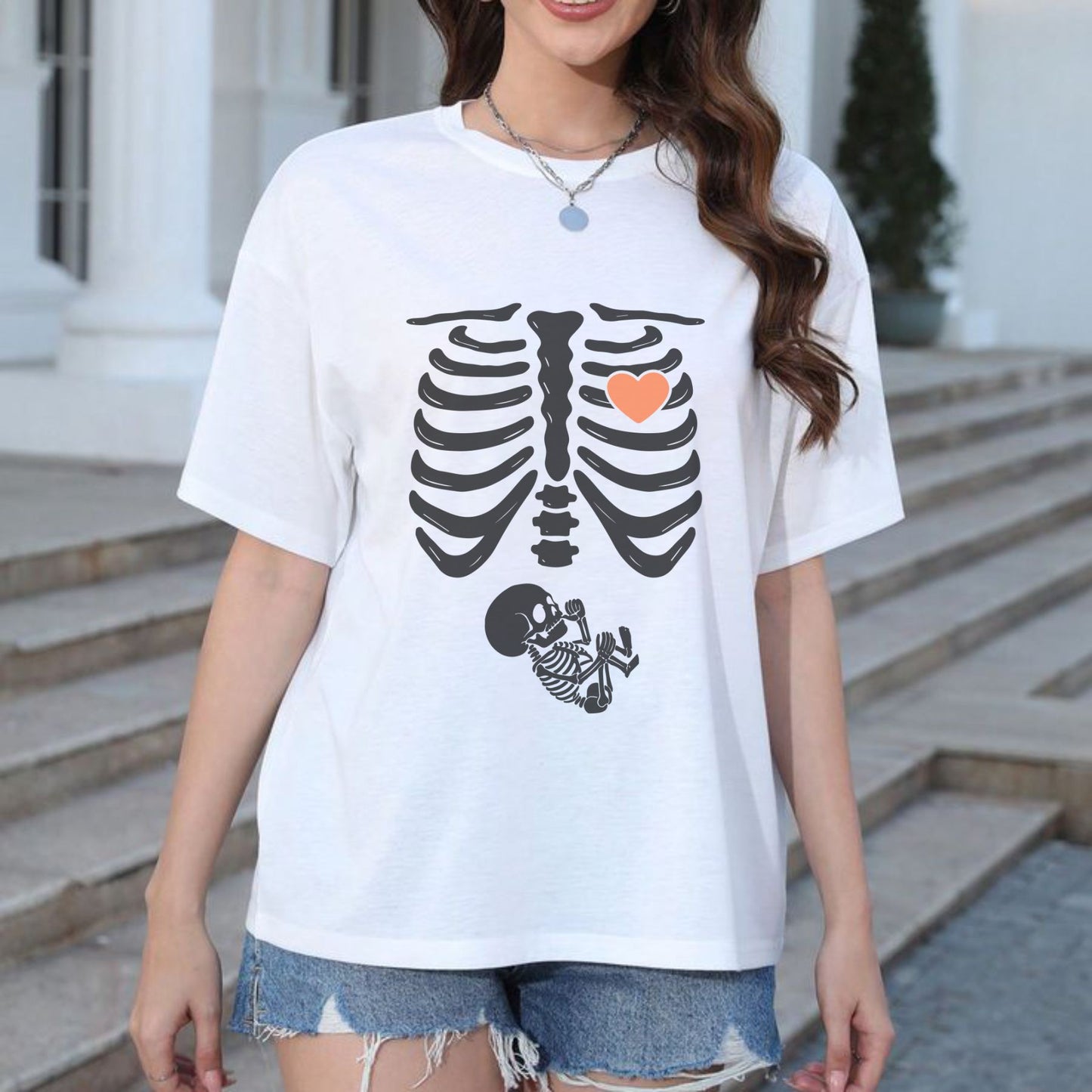 Skeleton Maternity T-Shirt – Funny Halloween Pregnancy Announcement Tee - Hiyatee