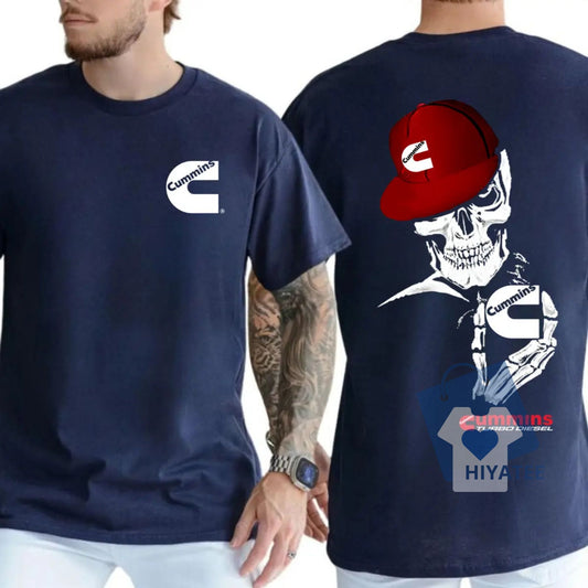 Skull with Hat Holding Cummins Logo T-Shirt – Diesel Lover Graphic Tee for Men-Hiyatee
