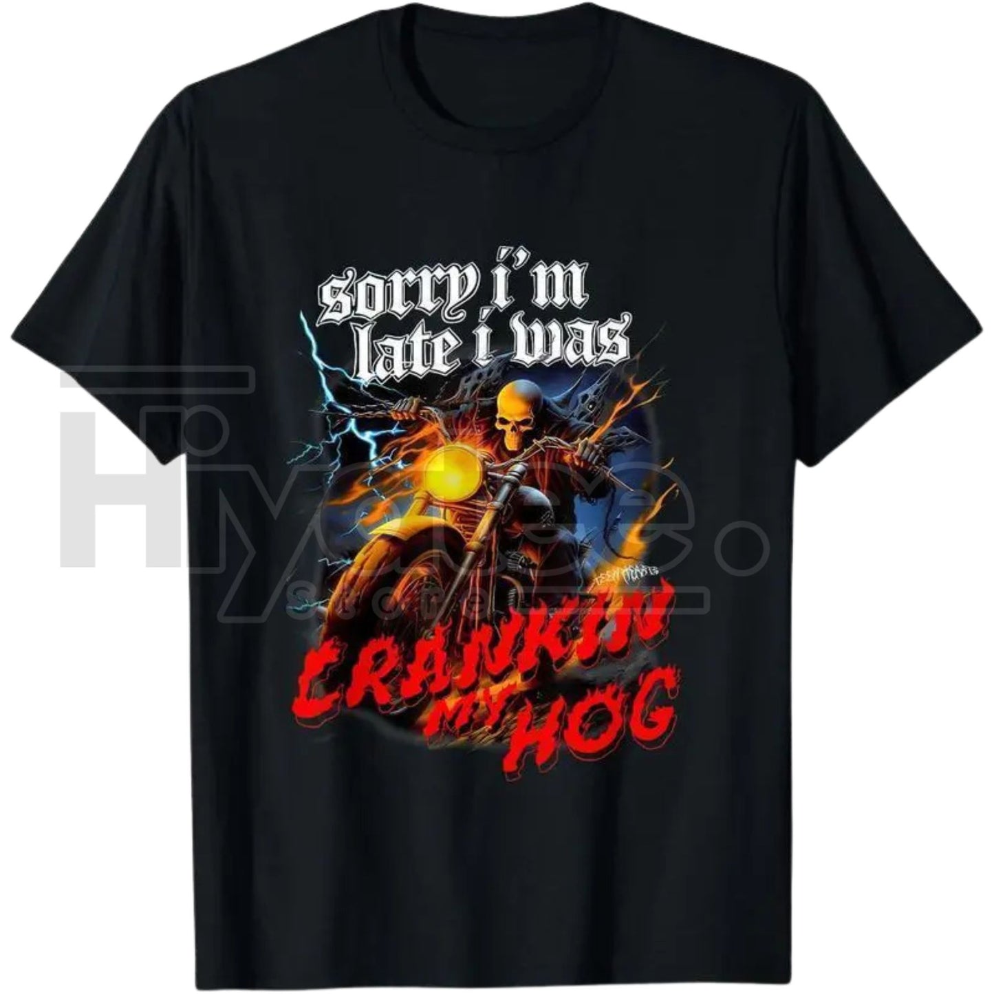 "Sorry I’m Late I Was Crankin My Hog" Funny Skeleton Motorcycle Men's T-Shirt - Hiyatee