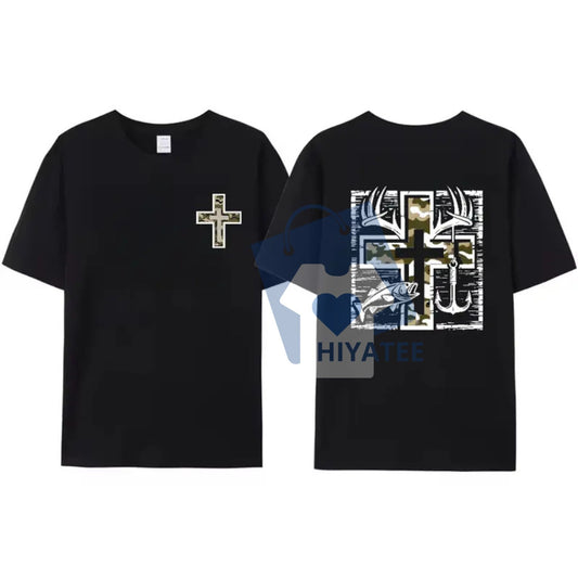 Southern Charm Fishing Shirt – Camo Cross Antlers & Bass, Faithful Adventure Crew Neck, Unisex 100% Cotton Premium Comfort - Hiyatee