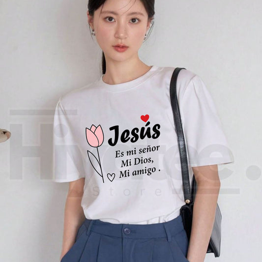 Spanish Christian Shirt Women Plus Size Jesus Floral Faith Graphic Tee - Hiyatee