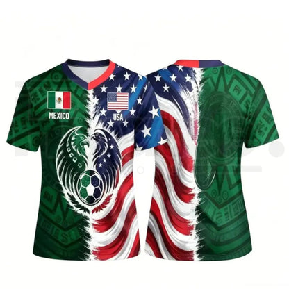 Split Half Mexico Green Tribal & US Stars Stripes Athletic Shirt – Dual Eagle Cross-Border Heritage Fan Apparel - Hiyatee