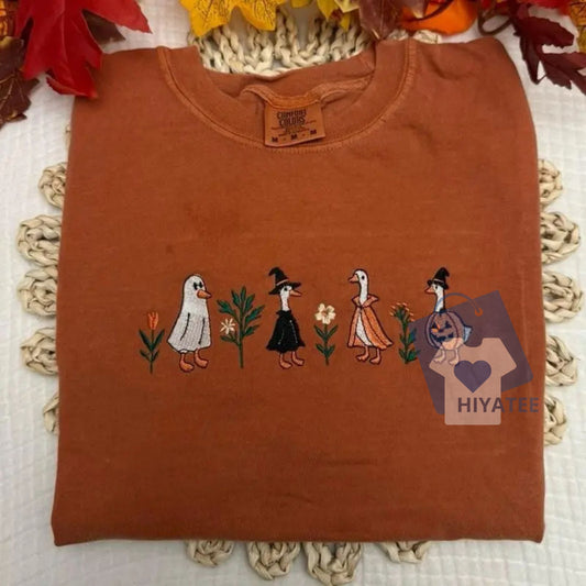 Spooky Goose Halloween Embroidered Shirt – Comfort Colors Fall Tee, Casual Short Sleeve Graphic Shirt for Men & Women-Hiyatee