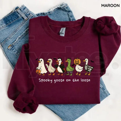 Spooky Goose on the Loose Sweatshirt – Funny Halloween Goose Graphic Crewneck, Cute Spooky Season Vintage Fall Pullover - Hiyatee
