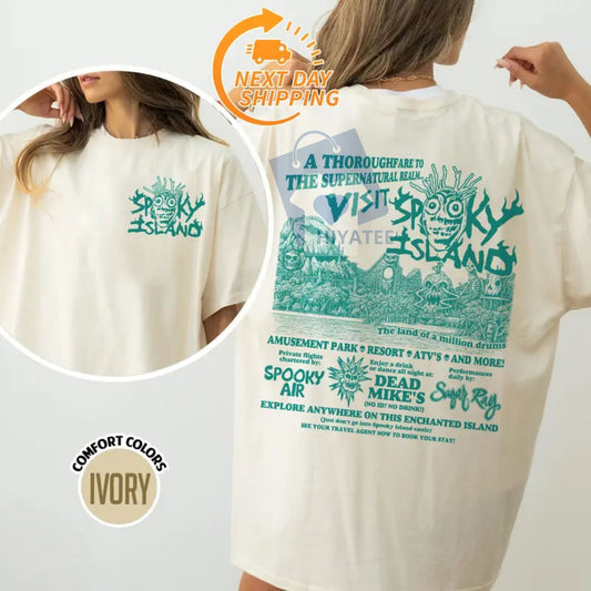 Spooky Island T-Shirt – Retro Horror Amusement Park Tee, Disco Skull Nostalgia Shirt, Halloween Graphic - Hiyatee