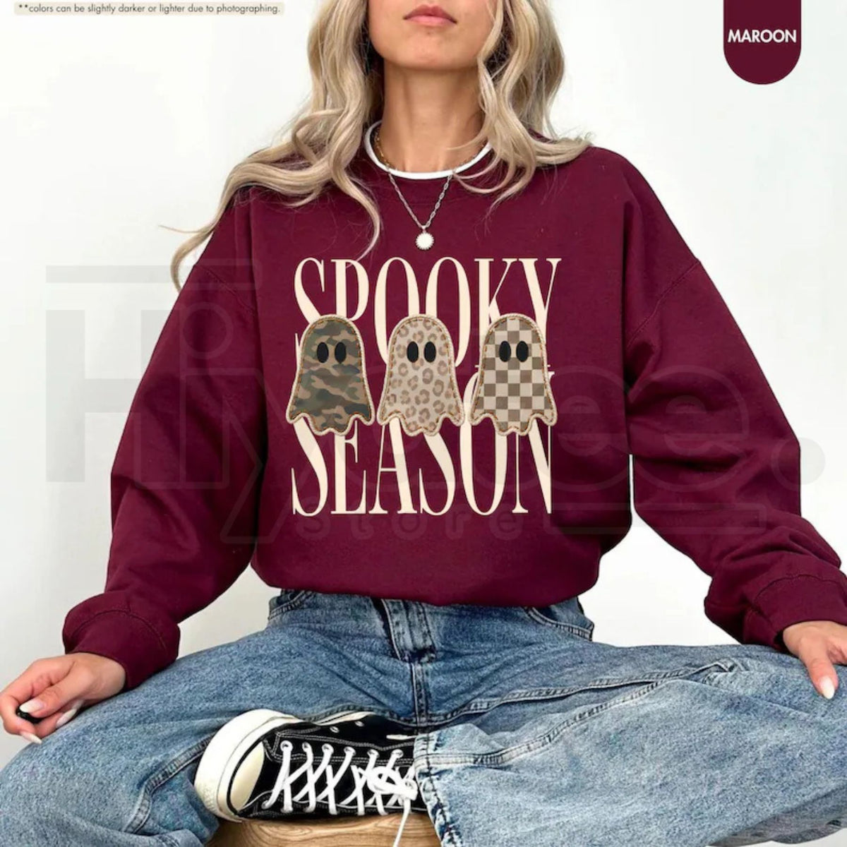 Spooky Season Sweatshirt – Leopard Ghost, Camo Ghost, Checkered Ghost Crewneck, Halloween Fall Gift - Hiyatee