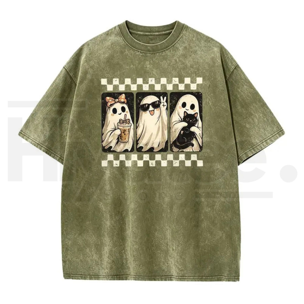Spooky Theme Halloween Black Cat & Ghost Collage T-Shirt – Vintage Acid Wash Fall Graphic Cotton Tee - Hiyatee
