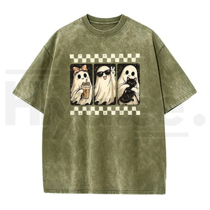 Spooky Theme Halloween Black Cat & Ghost Collage T-Shirt – Vintage Acid Wash Fall Graphic Cotton Tee - Hiyatee
