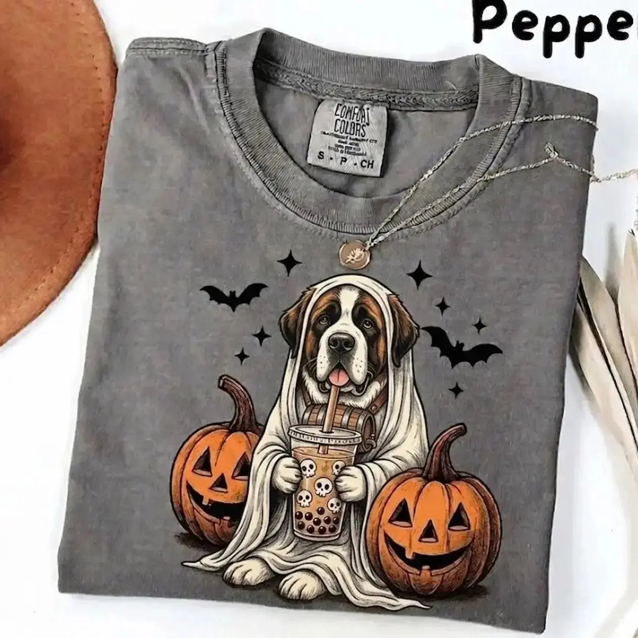 Comfort Colors Pepper Dog Shirt Custom Ghost Boba Tea Halloween Tee