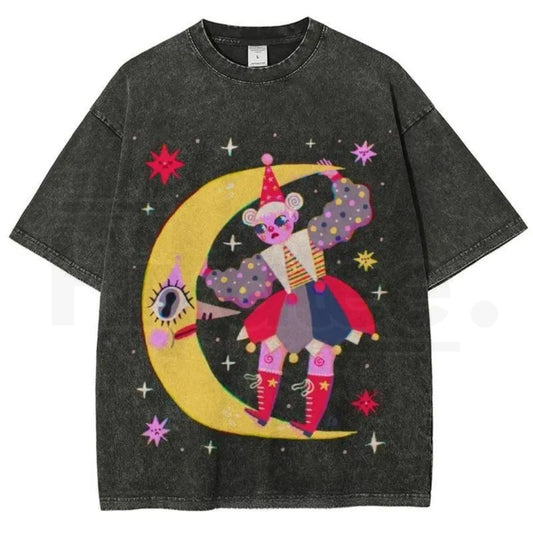 Star Clown Vintage Washed Oversized Tee – Retro Colorful Animal Planet Streetwear, Unisex Heavy Cotton Top - Hiyatee