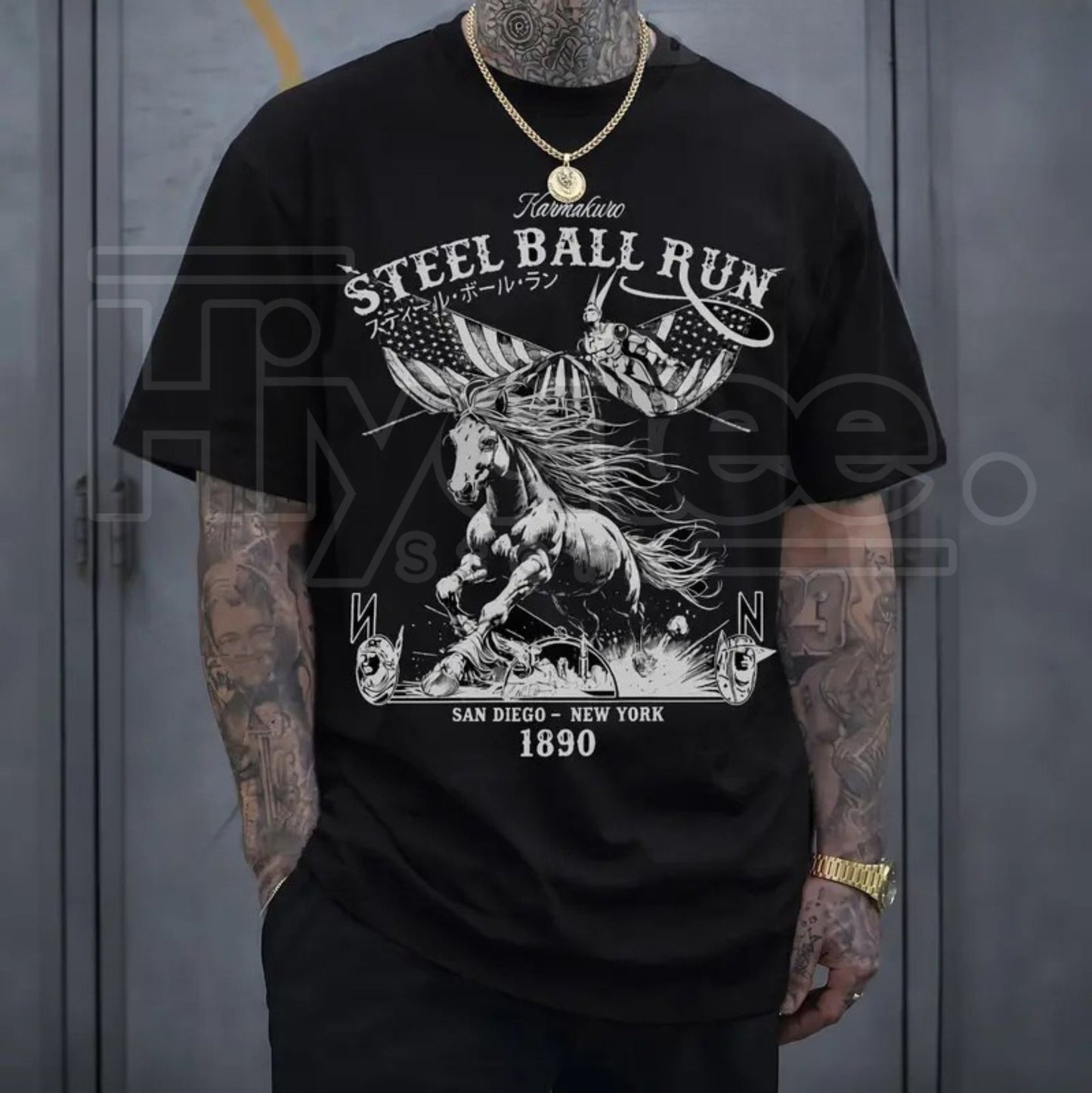 "Steel Ball Run Horse Racing" – American Flag Anime Unisex Graphic Top - Hiyatee