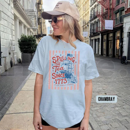 Striped Spilling The Tea Since 1773 Shirt – Funny 4th of July Tee, Preppy Patriotic USA Party T-Shirt, 250th Anniversary Merch - Hiyatee