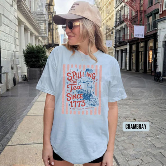 Striped Spilling The Tea Since 1773 Shirt – Funny 4th of July Tee, Preppy Patriotic USA Party T-Shirt, 250th Anniversary Merch - Hiyatee