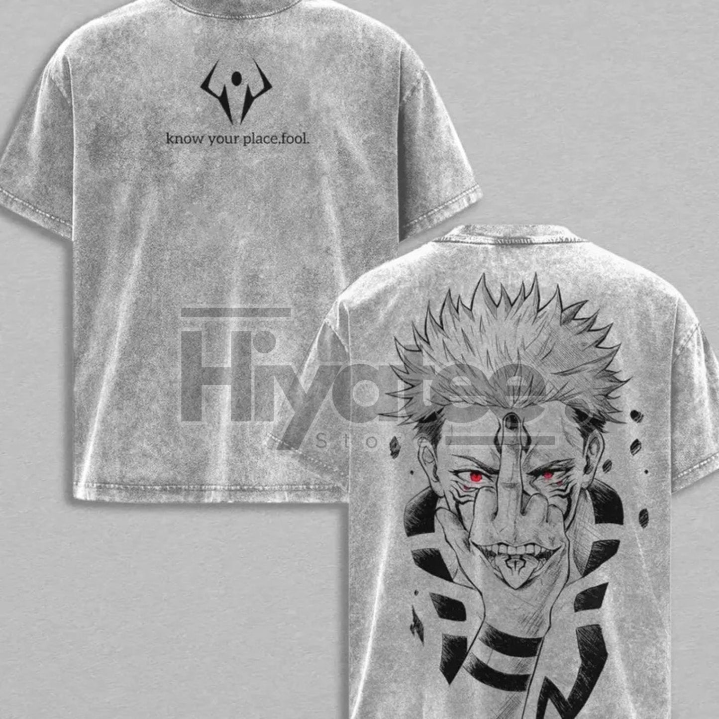 Sukuna "Know Your Place Fool" T-Shirt – Vintage Washed Oversize Anime Tee, JJK Streetwear - Hiyatee