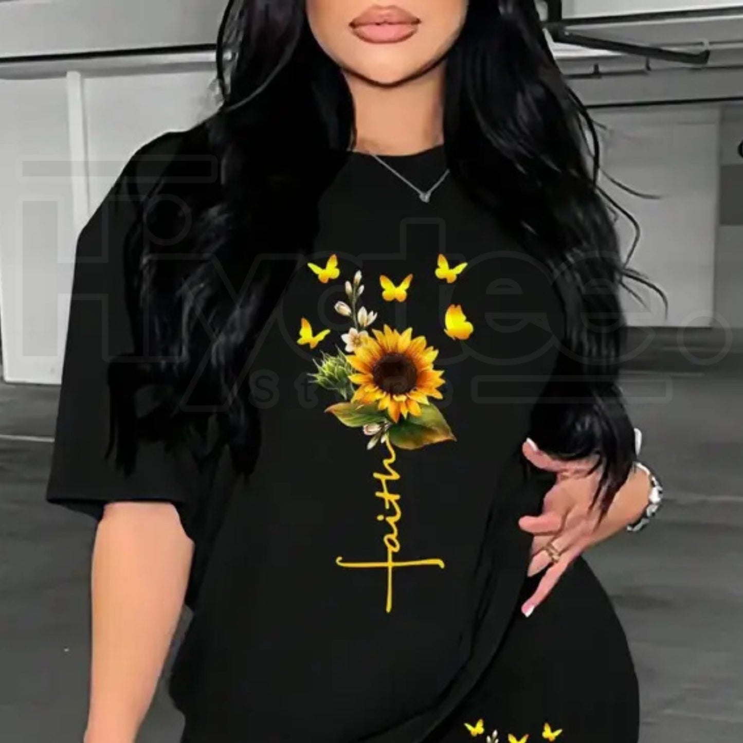Sunflower Faith Cross T-Shirt – Yellow Butterflies Christian Cotton Tee - Hiyatee