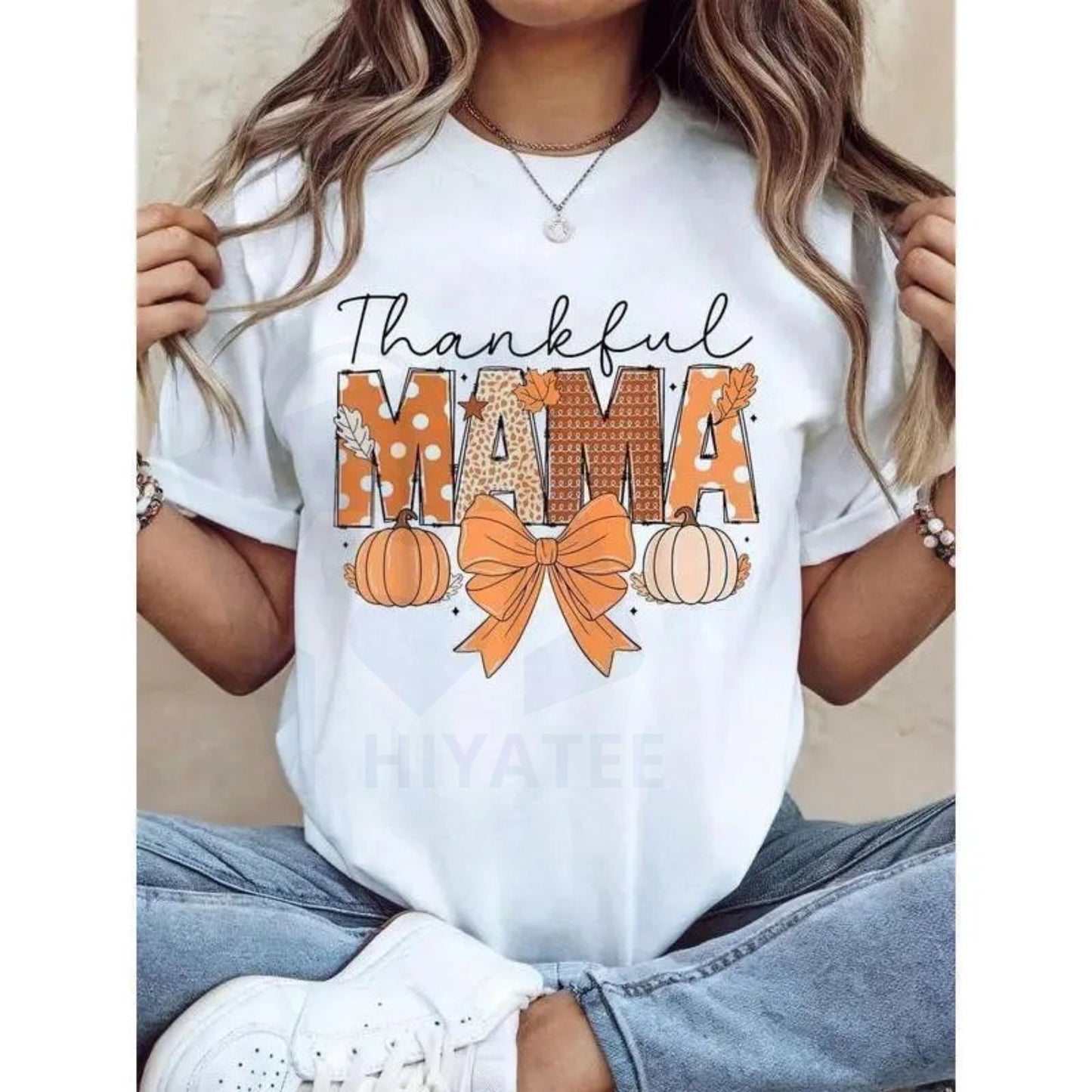Thankful Mama Coquette Thanksgiving Graphic T-Shirt – 100% Cotton Fall Spice Tee - Hiyatee