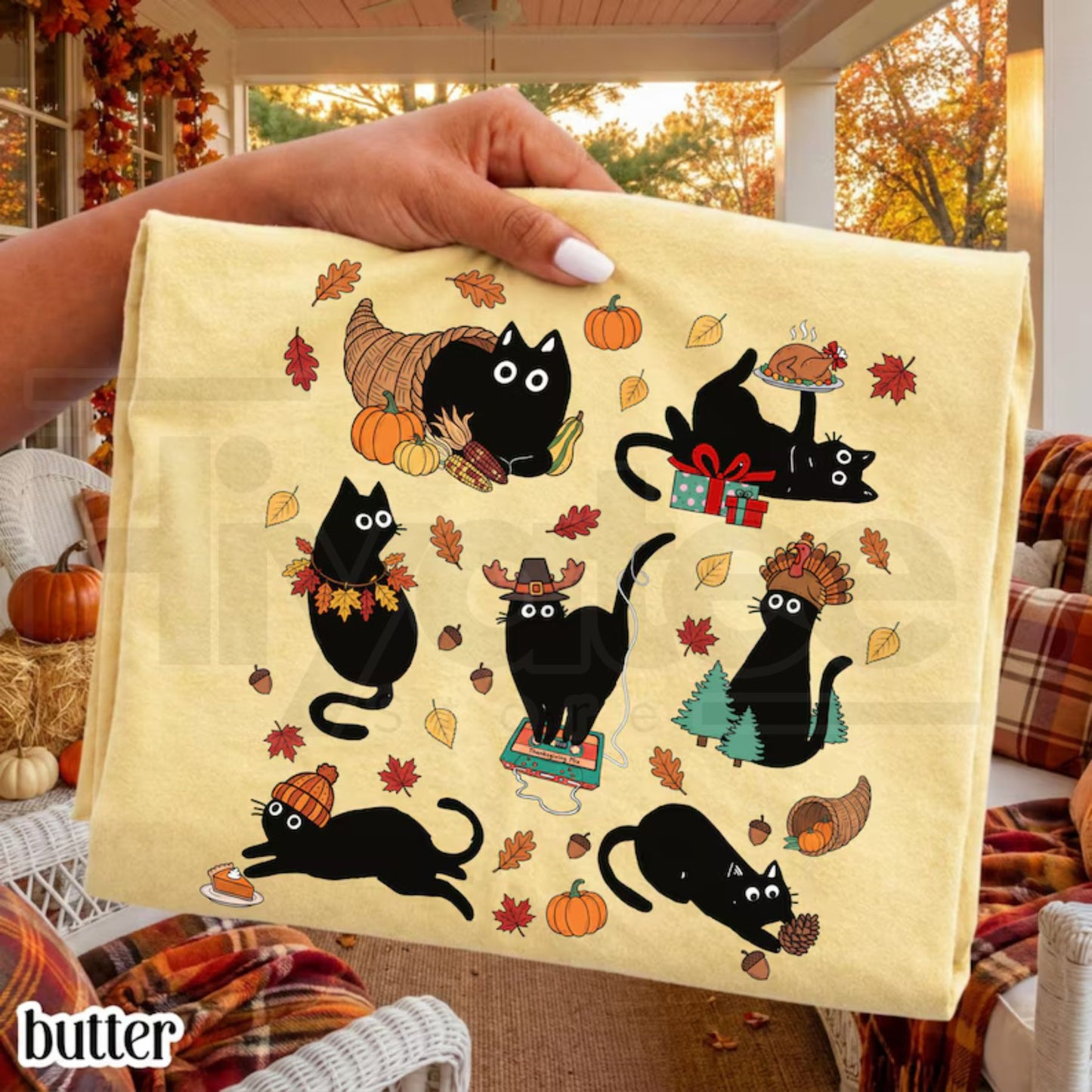 Thanksgiving Cat Comfort Colors Shirt Retro Black Cat Cozy Season Tee - Hiyatee