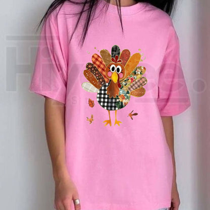 Thanksgiving Patchwork Turkey T-Shirt – Cute Fall Maple Leaf Graphic Tee - Hiyatee