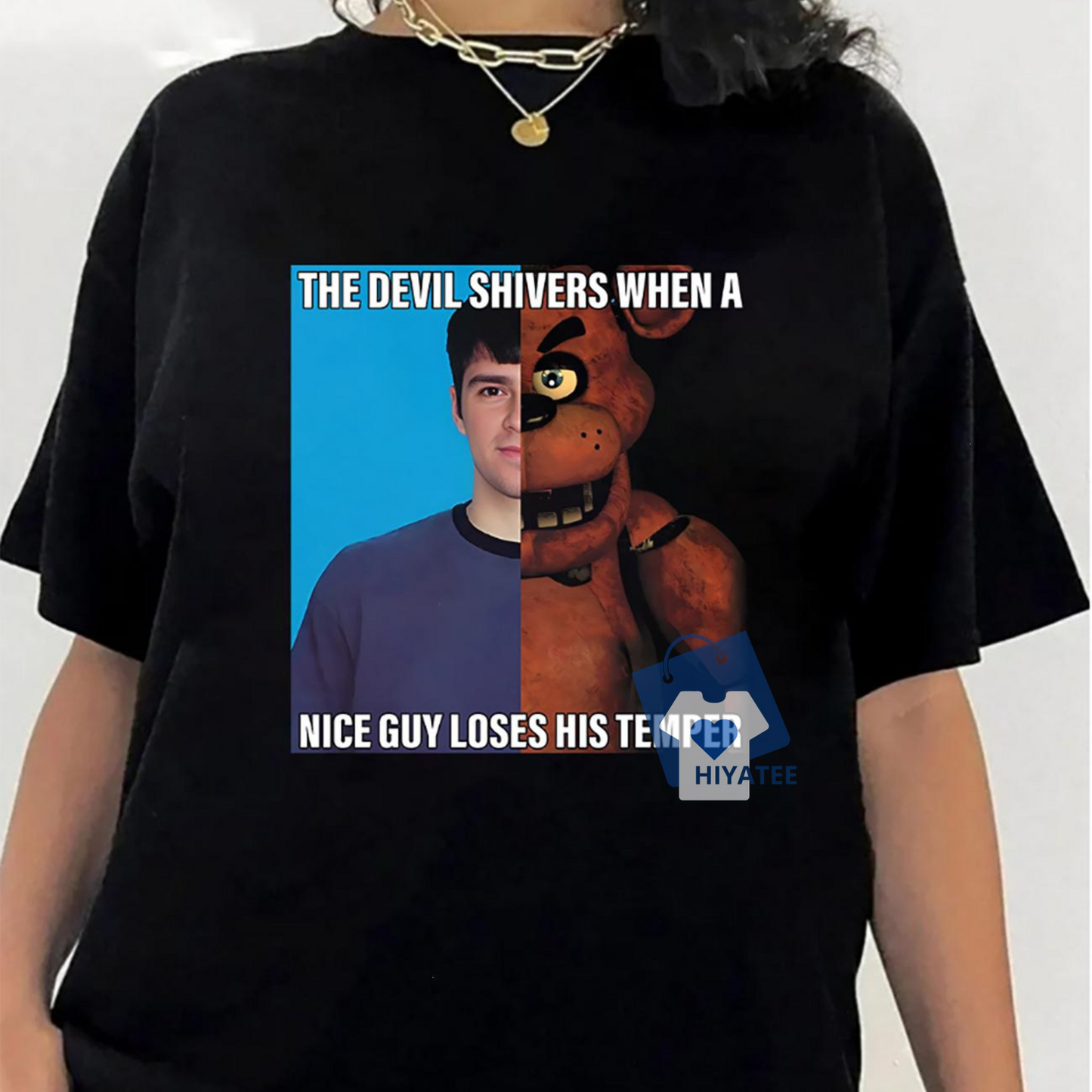 The Devil Shivers Freddy Fazbear Meme T-Shirt – Oversized Cotton Tee for FNAF & Music Meme Fans - Hiyatee