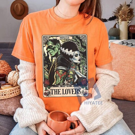 The Monster & Bride Tarot T-Shirt – The Lovers Card Gothic Graphic Tee, Vintage Horror Couple Shirt, Unisex Halloween Gift-Hiyatee