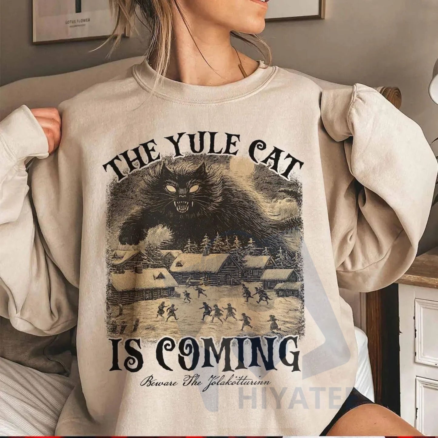 The Yule Cat Is Coming Sweatshirt: Gothic Christmas, Iceland Folklore, Pagan Gift, Folklore Shirt, Winter Solstice Apparel - Hiyatee