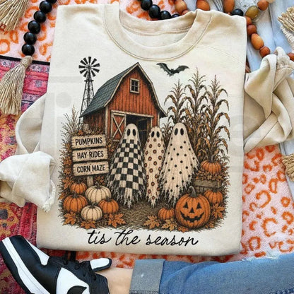 Tis The Season Ghost Trio Sweatshirt: Cute Checkered Floral Polka Dot Ghosts Fall Shirt - Hiyatee