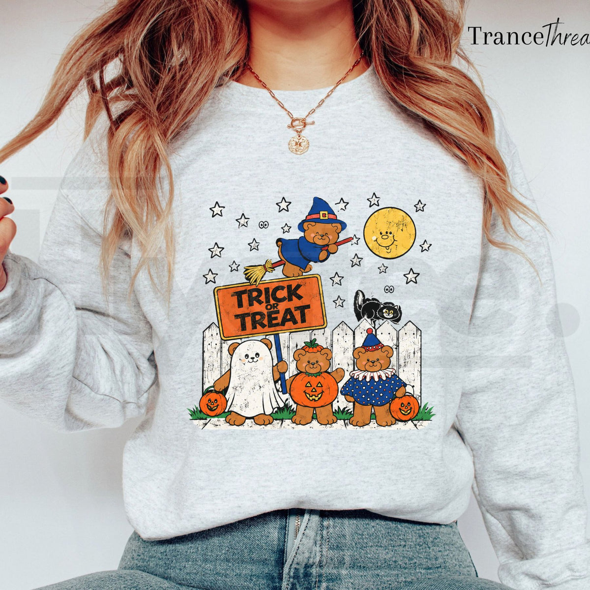 Trick or Teddies Halloween Graphic Crewneck – Cute Teddy Bear Spooky Fall Pullover, Retro Xmas & Halloween Sweater - Hiyatee