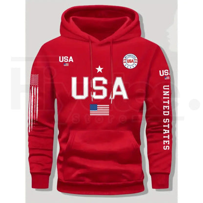 USA Flag Print Men’s Fleece Hoodie – United States Letter Print Unisex Knit Pullover for Couples & Students, 2026 Spring Fashion - Hiyatee