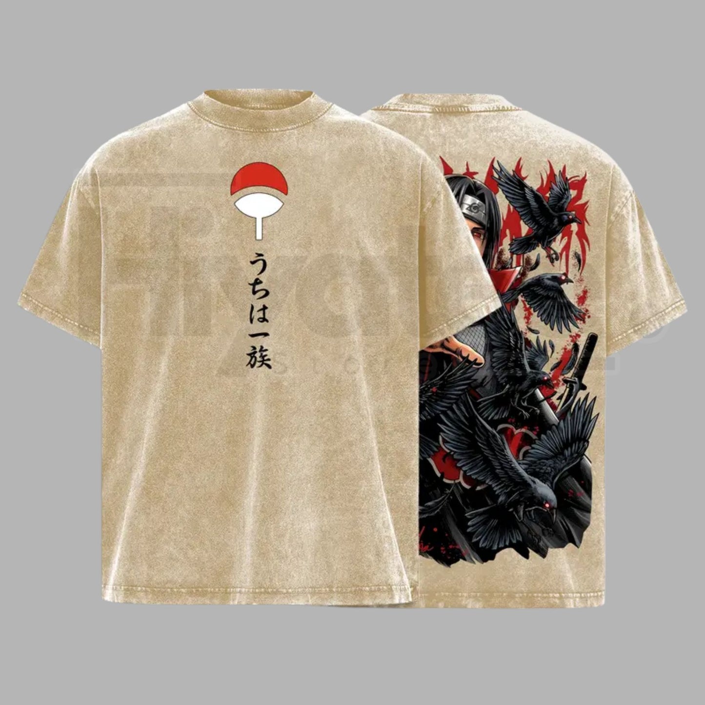 Uchiha Clan Slayer Vintage Washed T-Shirt – Dark Ninja Illusion Oversized Graphic Tee - Hiyatee
