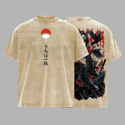 Uchiha Clan Slayer Vintage Washed T-Shirt – Dark Ninja Illusion Oversized Graphic Tee - Hiyatee