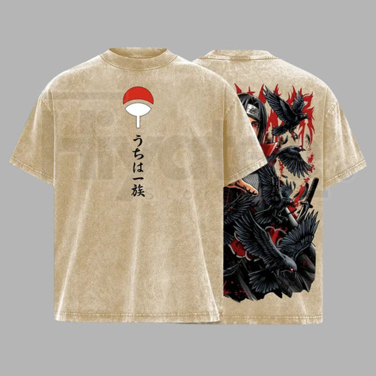 Uchiha Clan Slayer Vintage Washed T-Shirt – Dark Ninja Illusion Oversized Graphic Tee - Hiyatee